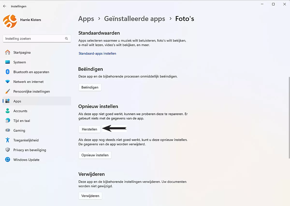 De App Fotos in Windows Opnieuw Instellen's herstellen