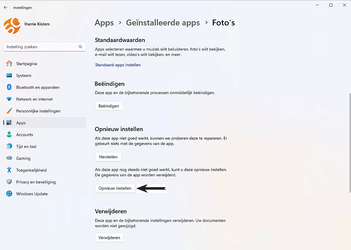 De App Fotos in Windows Opnieuw Instellen