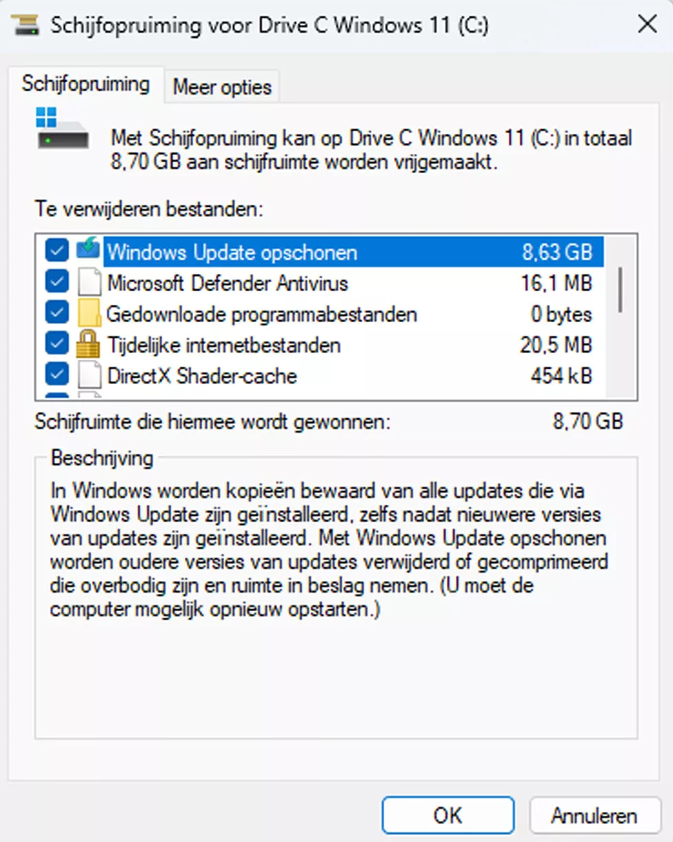 Maak Ruimte Vrij in Windows 11 Versie 24h2